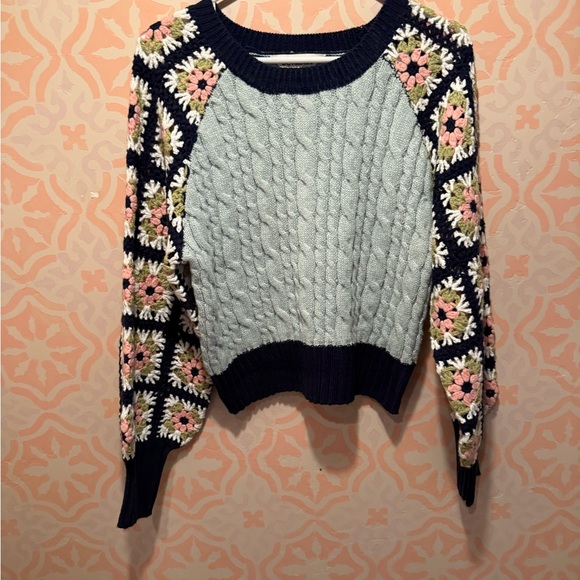 DAVI & DANI Sweaters - DAVI & DANI Cable Knit Pullover with Crochet Floral Sleeves - Light Blue & Navy